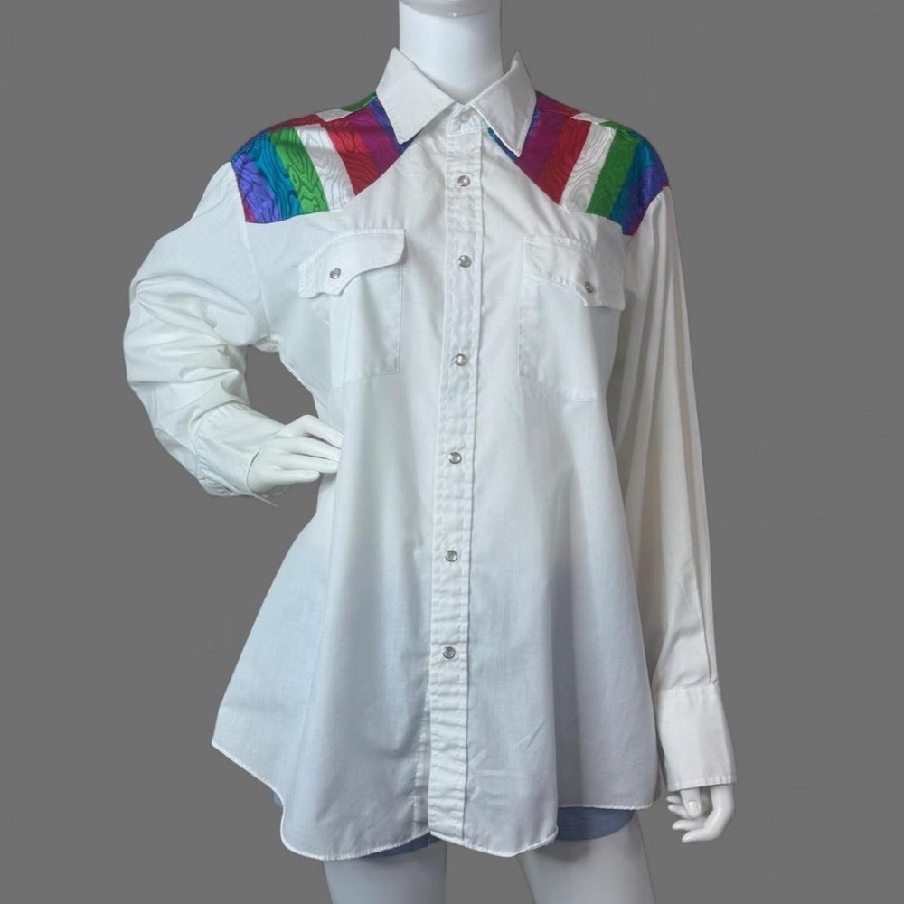 Vintage Western Fit White Rainbow Chevron Yoke Button Up Shirt Long Sleeve L